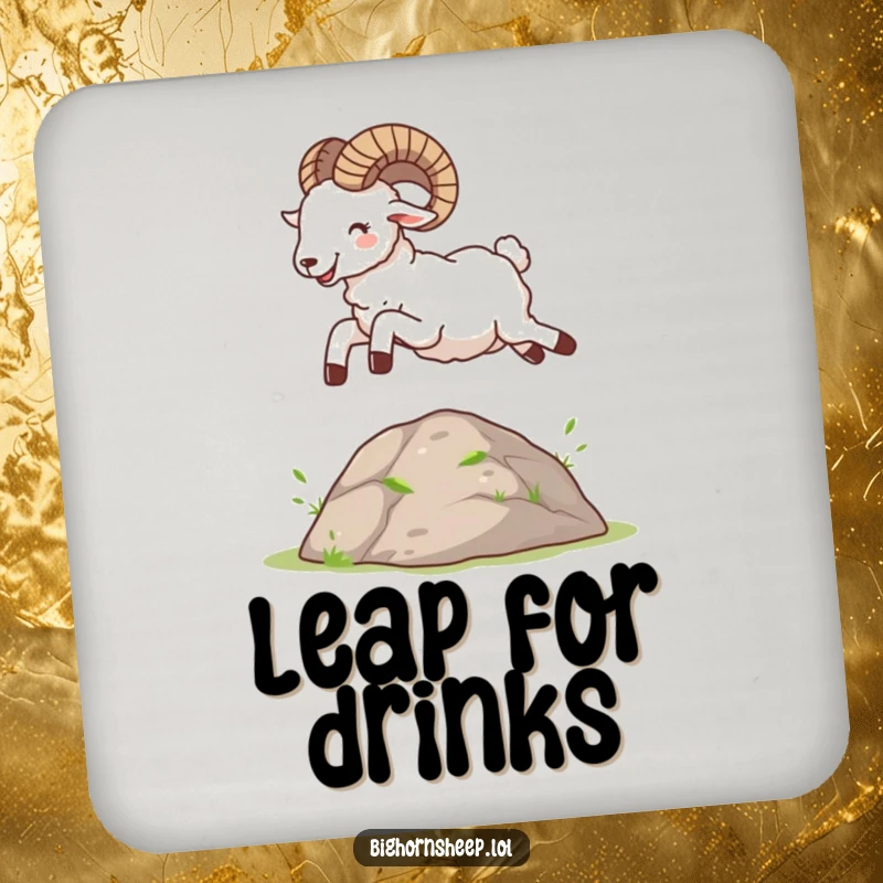 Funny Bighorn Sheep Coaster: A design of a happy sheep gleefully leaping over a small mound, protecting surfaces.