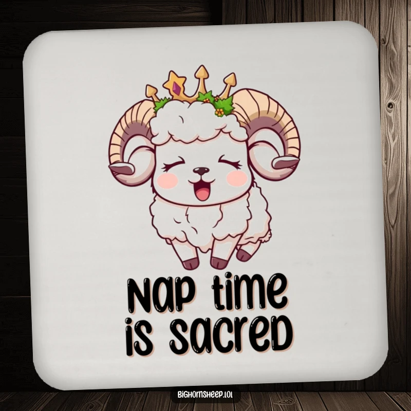 Funny sleepy bighorn sheep coaster, a yawning sheep with a moss crown, protecting surfaces with humorous calm.