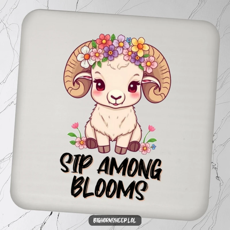 Funny bighorn sheep wearing a crown of wildflowers, looking content, on a protective drink coaster.