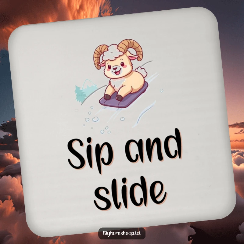 Funny drink coaster featuring a bighorn sheep comically sliding down a snowy slope, adding a hilarious touch to any beverage setup.