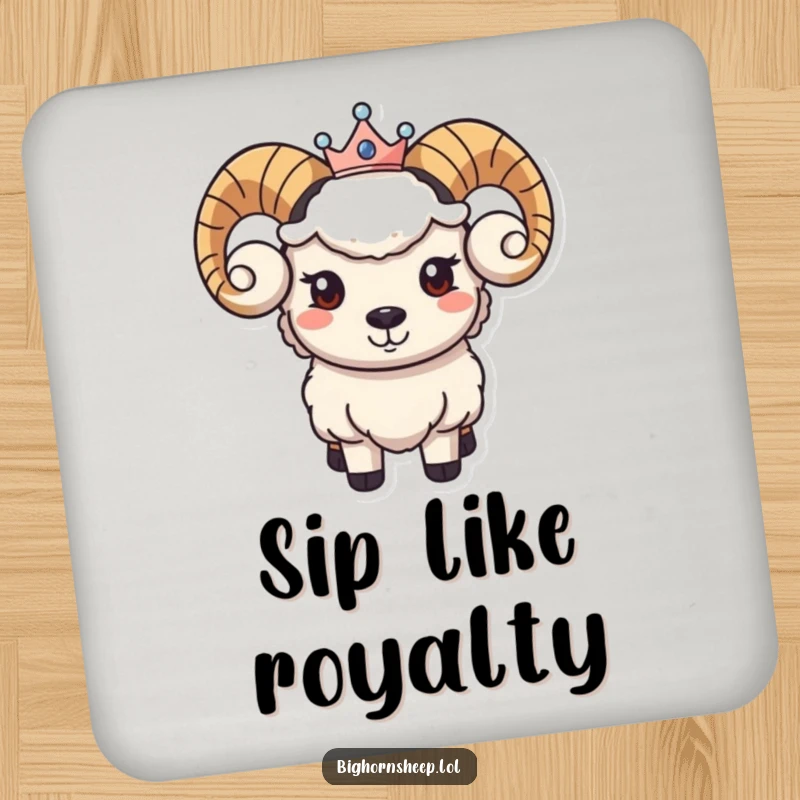 Funny drink coaster featuring a bighorn sheep character with a gentle smile and a small crown, adding regal charm.