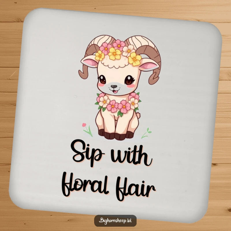 Funny bighorn sheep cub with a flower garland bleating playfully on a drink coaster, providing charm and surface protection.
