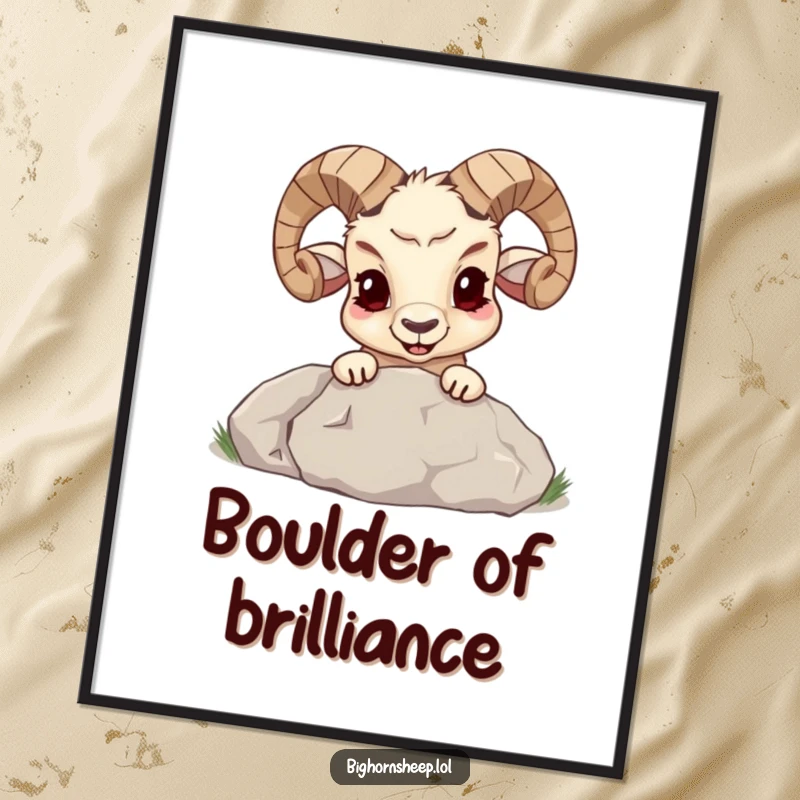Funny bighorn sheep with a mischievous grin peeking from behind a large boulder on a poster, creating a humorous, interactive scene.