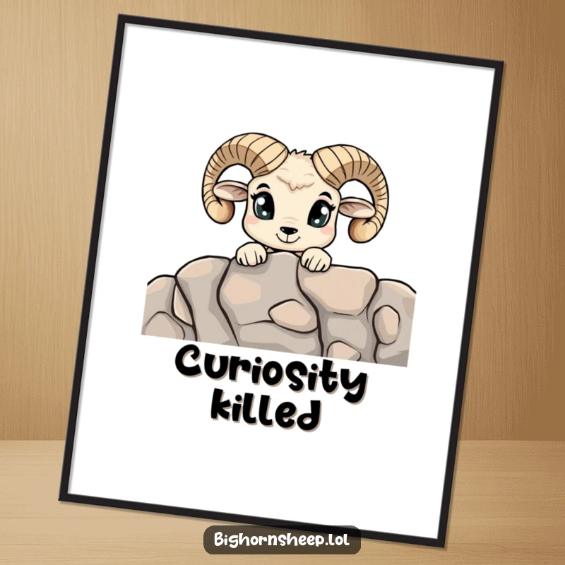 Funny Curious Bighorn Sheep Poster: Artwork showing a sheep with wide, inquisitive eyes peeking over a rocky ledge.