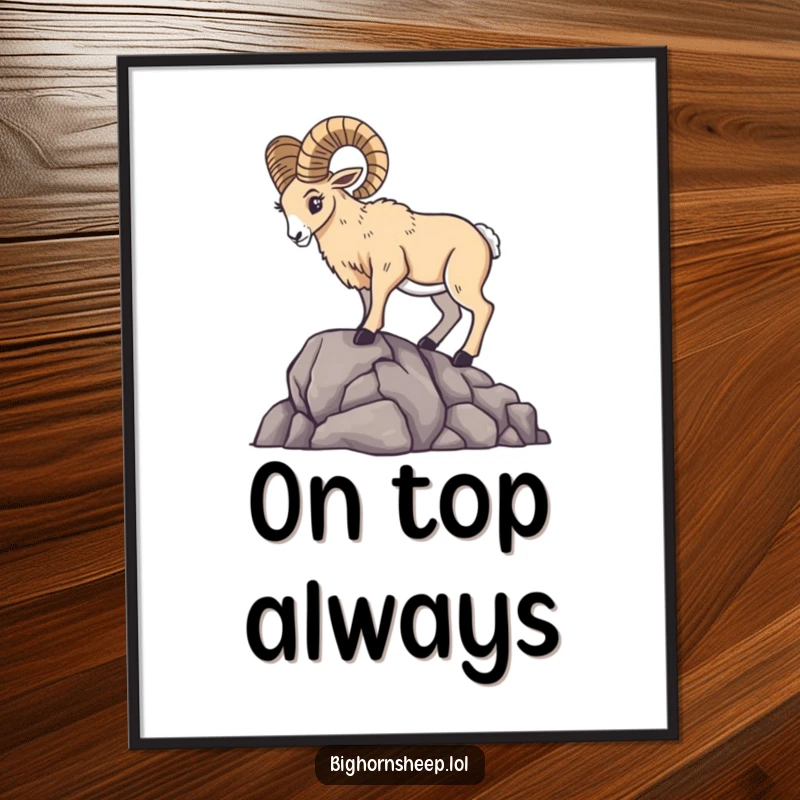 Majestic bighorn sheep striking a powerful, dramatic pose on a rocky mountain outcrop, on a poster.