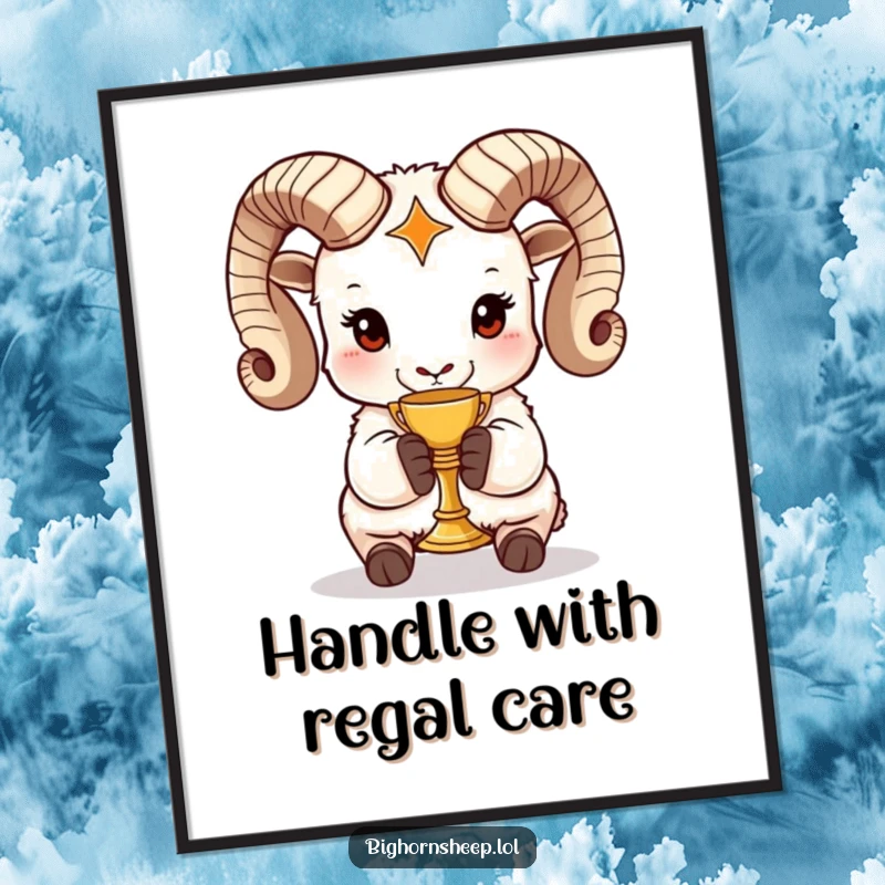 Funny bighorn sheep poster featuring a majestic sheep holding a miniature golden chalice, adding regal and humorous art to any space.