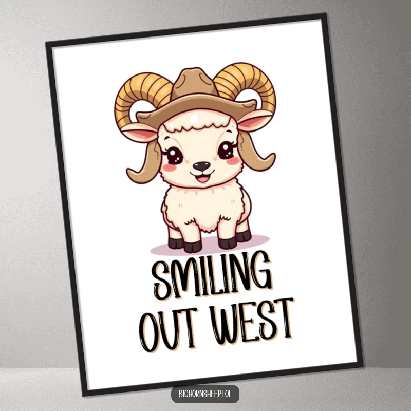 Funny bighorn sheep poster featuring a smiling ram with large horns and a cowboy hat, humorous western wall art.