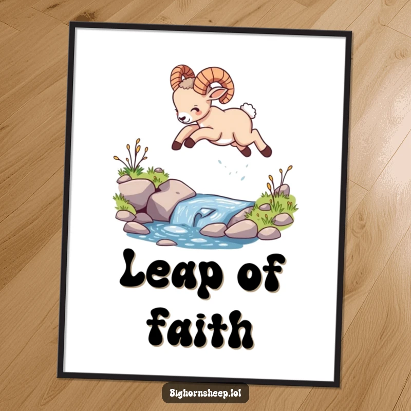 Funny bighorn sheep cub poster, vividly illustrating the cub leaping over a stream with boundless energy and charm.