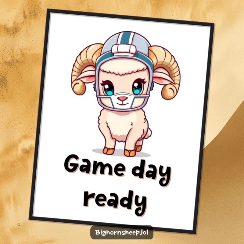 Funny bighorn sheep in a tiny helmet and football gear, striking a playful pose, on a vibrant poster.