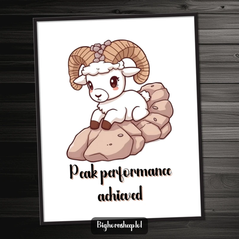 Funny bighorn sheep with a pebble crown in full slide down rocky terrain, depicted on a poster for a humorous mountain escape.