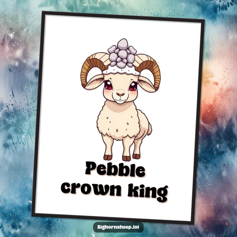 Funny proud bighorn sheep poster, standing tall with a pebble crown, radiating confidence and humor.