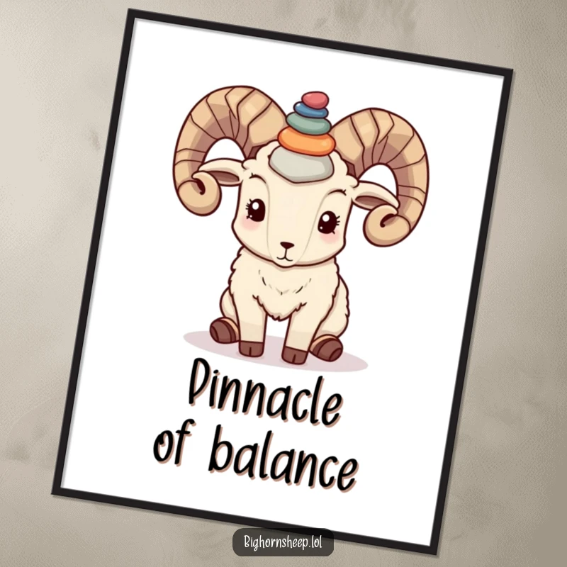 Funny bighorn sheep artistically balancing a stack of colorful pebbles on its horns, creating humorous and calming wall art.