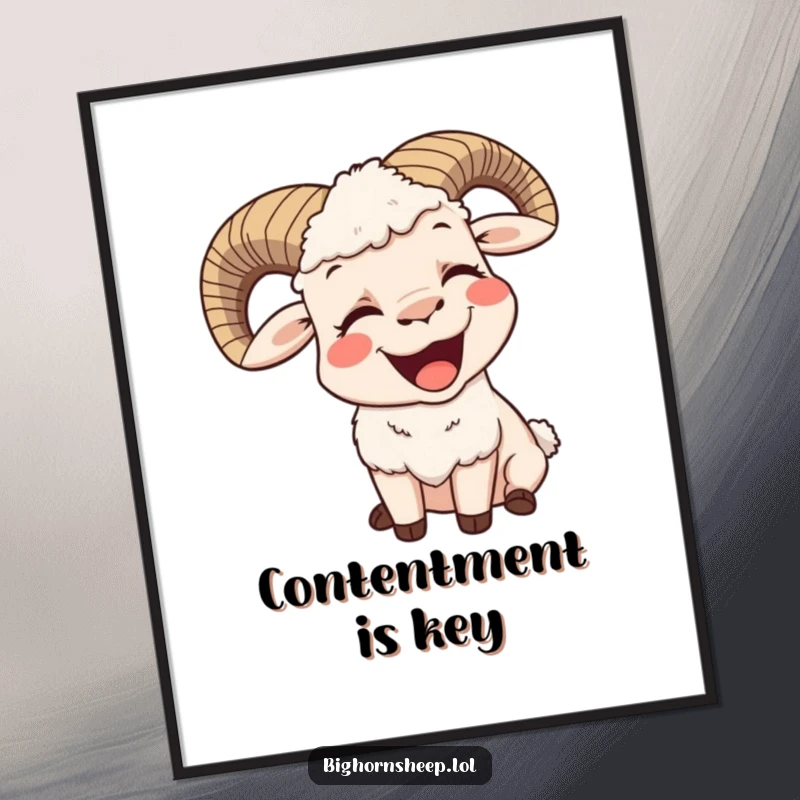 Funny poster of a bighorn sheep yawning with a big, contented smile, radiating hilarious tranquility and joy.