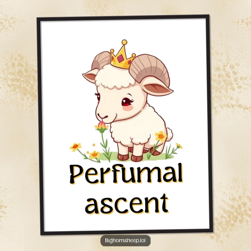 Funny Crowned Sheep Poster: Curious sheep with a tiny crown sniffs a wildflower, bringing gentle charm and natural beauty to wall art.