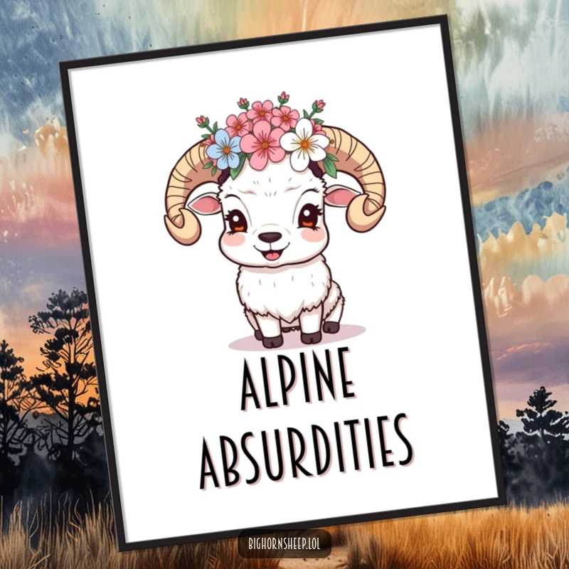 Funny Giggling Sheep Poster: Sheep with a crown of alpine blossoms giggles, bringing joyful energy and floral charm to wall art.