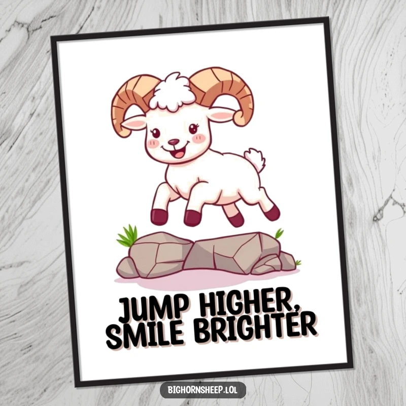 Funny poster capturing a bighorn sheep with a joyful expression, dynamically leaping over a small gap, symbolizing overcoming obstacles.