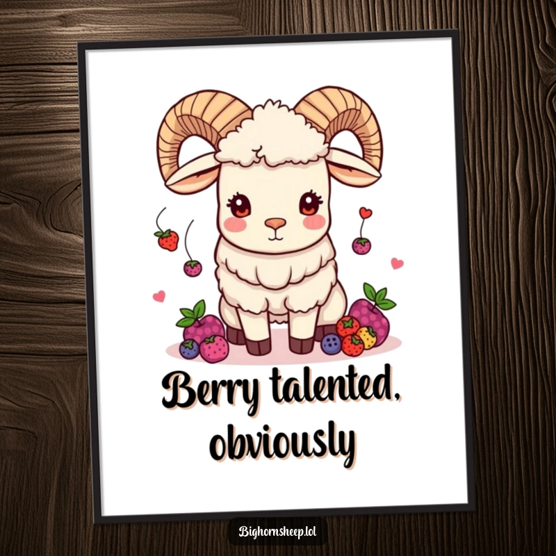Funny bighorn sheep poster of a mischievous sheep juggling berries with a playful twinkle, a delightful piece of humorous art.