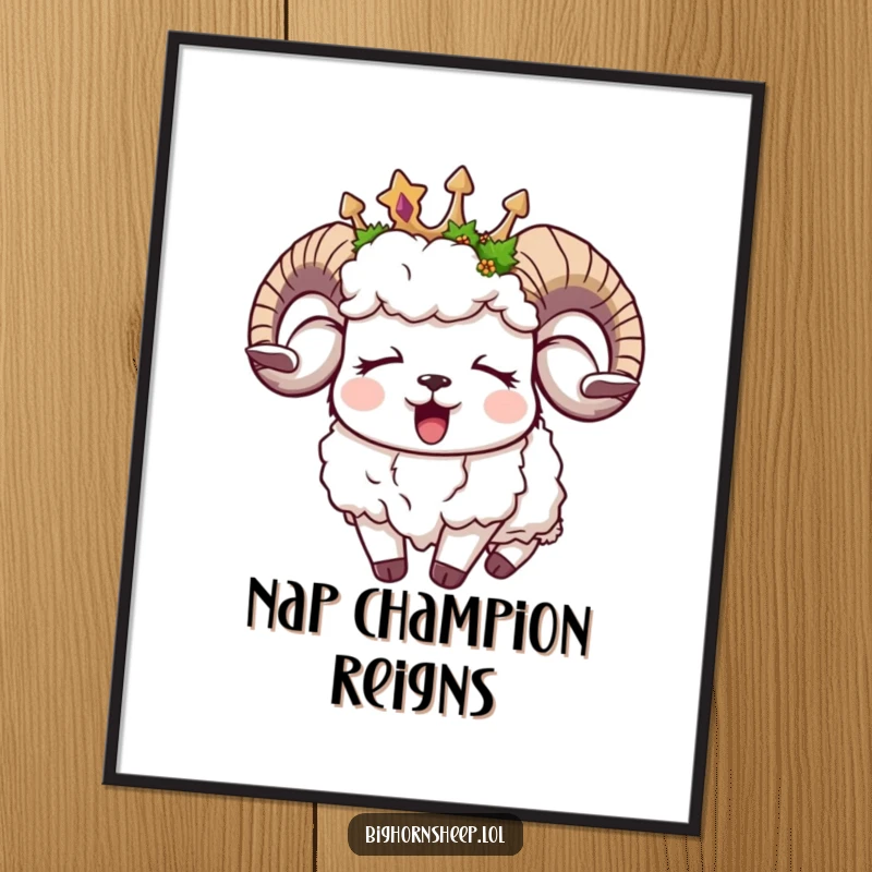 Funny sleepy bighorn sheep poster, a yawning sheep wearing a moss crown, promoting relaxation and gentle humor.
