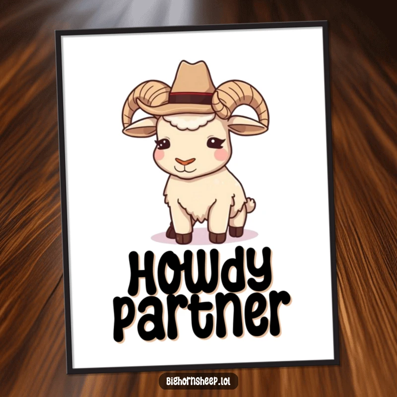 Funny Cowboy Bighorn Sheep Poster: Artwork of a sheep in a cowboy hat giving a sly wink, full of playful personality.