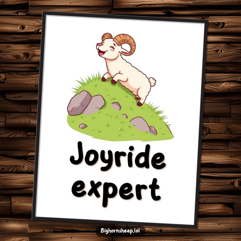 Funny bighorn sheep in a joyful, mid-slide pose down a grassy slope, depicted on a vibrant poster.