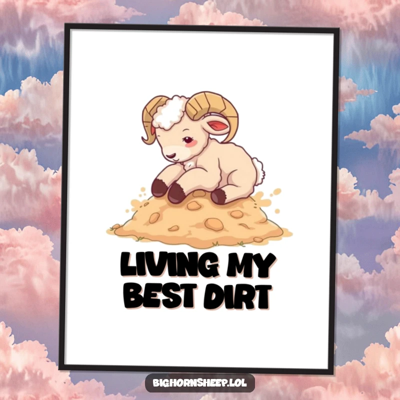 Funny bighorn sheep cub poster, joyfully rolling in dirt, vibrant animal art capturing pure hilarity and a playful spirit.