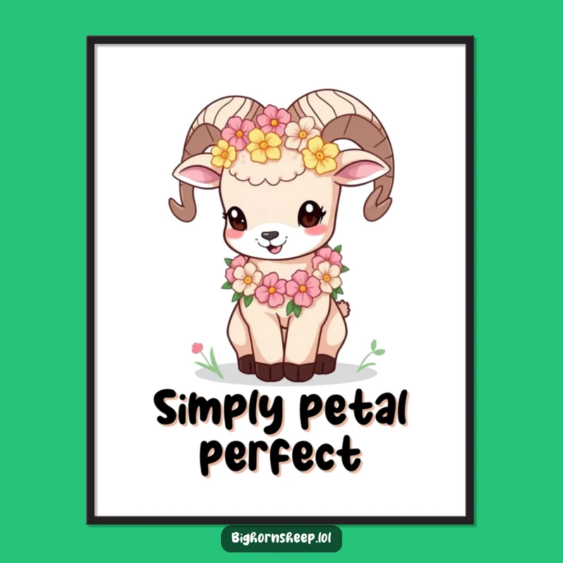 Funny Bighorn Sheep Cub Flower Garland Poster - Playful Bleat Art Print Gift