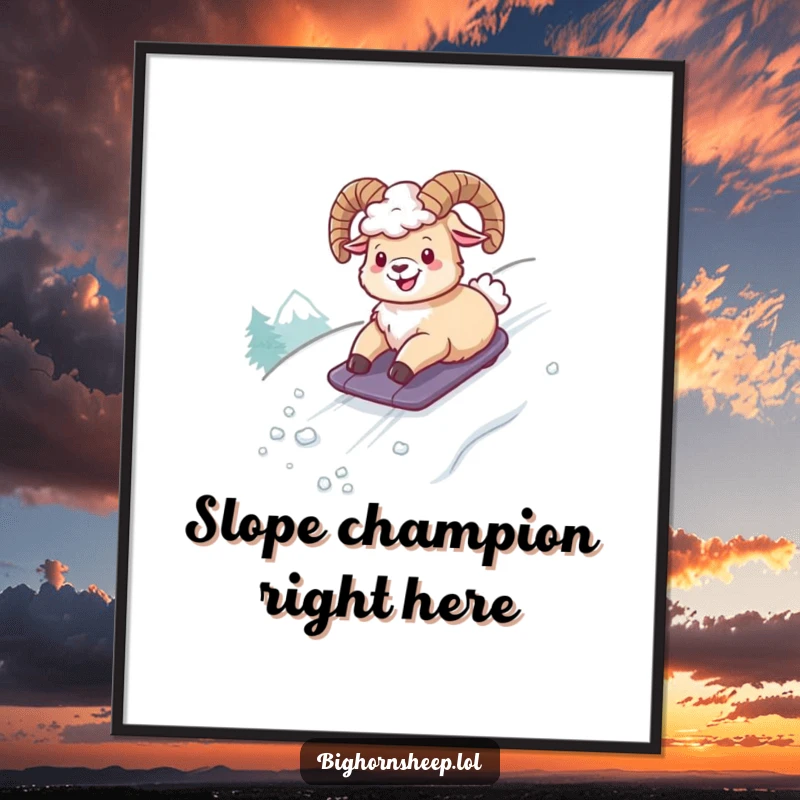 Funny poster portraying a jubilant bighorn sheep comically sliding down a snow-covered mountainside, radiating pure, hilarious delight.