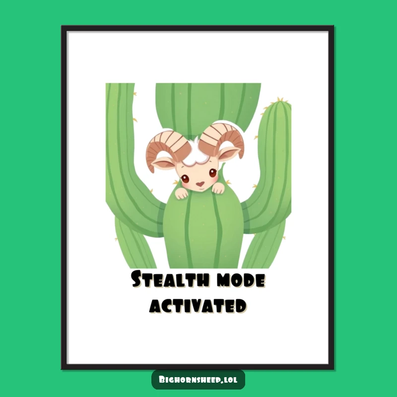 Funny Shy Bighorn Sheep Cactus Poster - Whimsical Desert Wall Art Gift