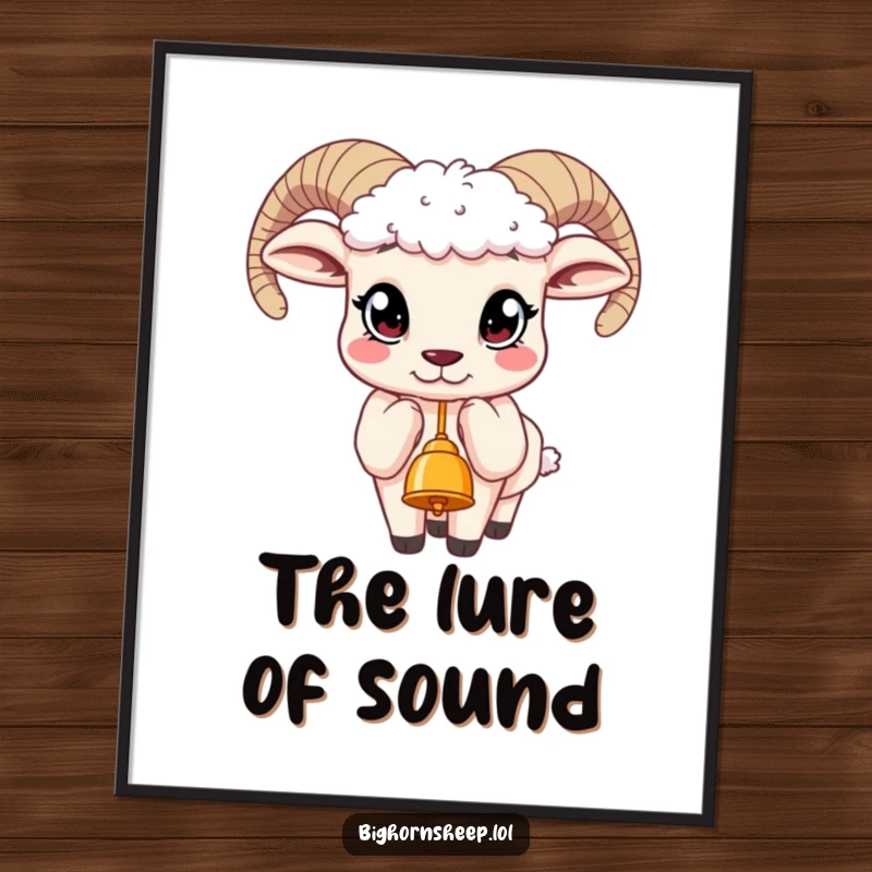 Funny poster showcasing a bighorn sheep distinguished by its large, curious eyes, captivated by a dangling bell it is reaching for.