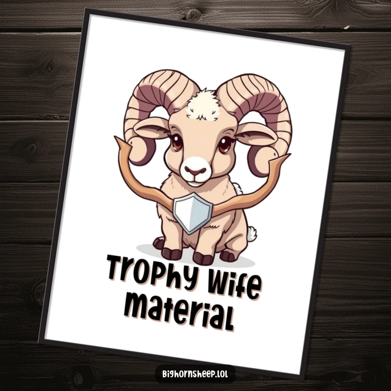 Funny bighorn sheep poster of a proud sheep displaying a shiny trophy, a humorous and celebratory piece of art.