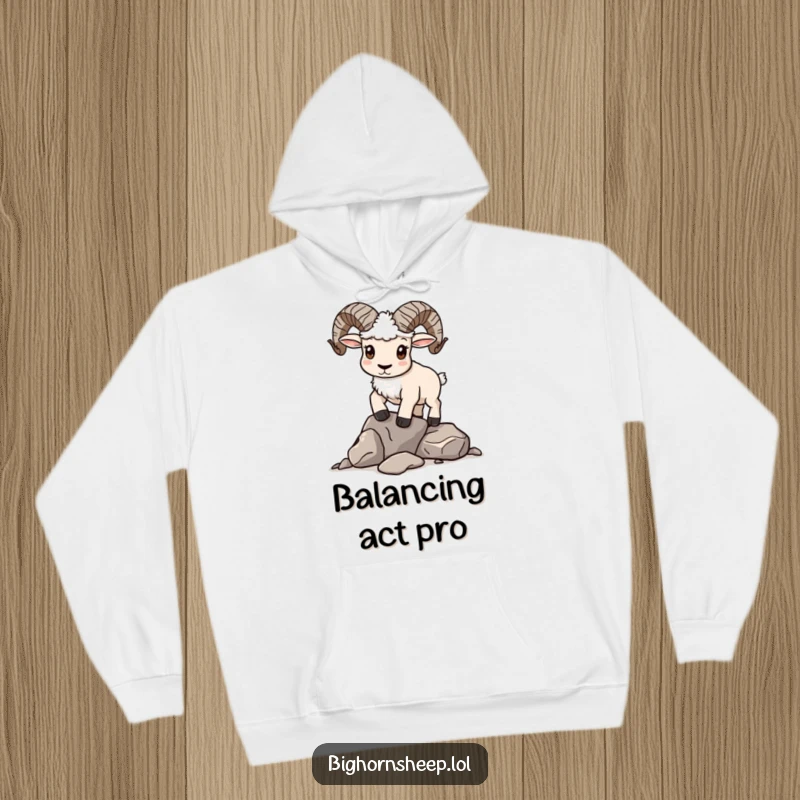 Funny Hoodie: Determined bighorn sheep attempting to balance a pile of rocks, showcasing focus.