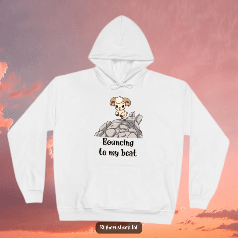 Funny Bighorn Sheep Cub Hoodie: A cute baby sheep energetically bouncing on rocks, perfect for cozy and playful outdoor wear.