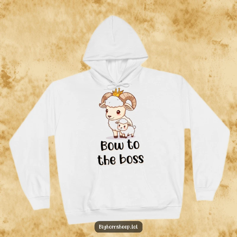 Funny crowned bighorn sheep giving a gentle nudge to a smaller sheep, designed for a comforting hoodie.