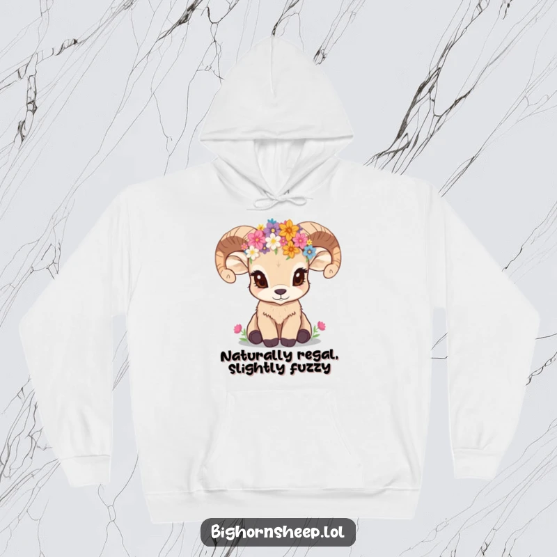 Funny bighorn sheep cub with a crown of wildflowers, looking curious, on a comfortable, warm hoodie.