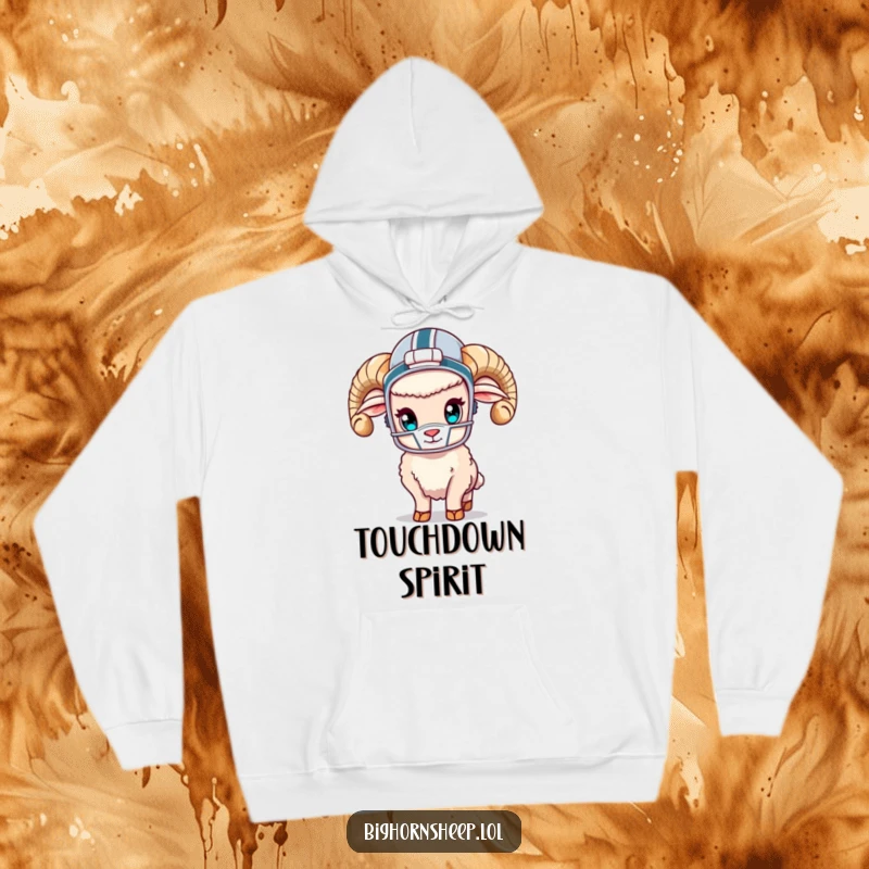 Funny bighorn sheep in miniature football gear, looking cute and determined, featured on a cozy hoodie.