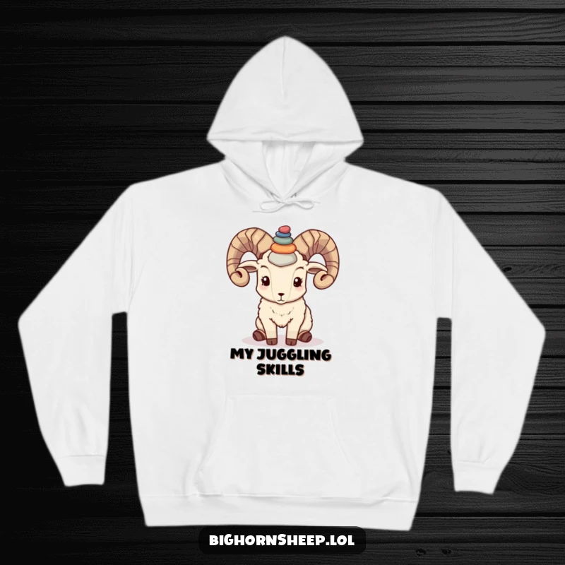 Funny bighorn sheep with colorful pebbles stacked on its horns, radiating a sense of calm and humor in a hoodie design.