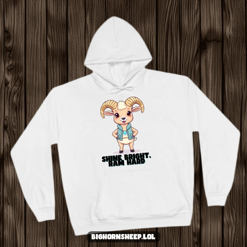 Funny bighorn sheep hoodie, a delighted sheep in a sparkly vest striking a proud pose, cozy and humorous.