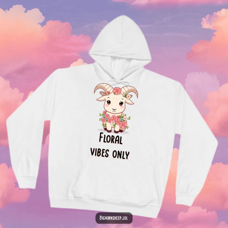 Funny bighorn sheep wearing a flower garland, looking serene and peaceful, designed for a cozy hoodie.
