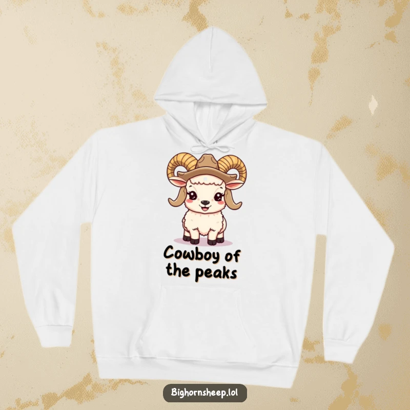 Funny bighorn sheep hoodie featuring a smiling ram with large horns and a cowboy hat, offering western warmth and humor.