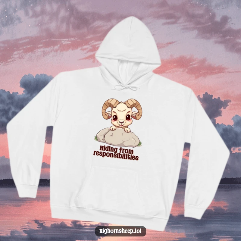 Funny bighorn sheep with a mischievous grin peeking from behind a large boulder on a cozy hoodie, hinting at hidden fun.