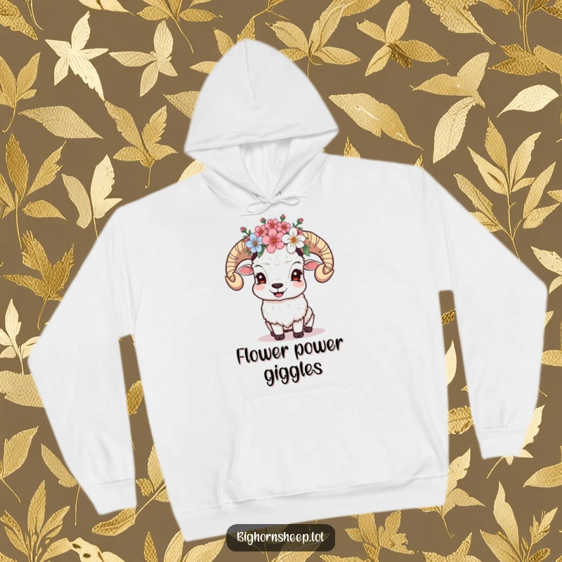 Funny Giggling Sheep Hoodie: Sheep with a crown of alpine blossoms giggles, offering warmth and a burst of natural joy.
