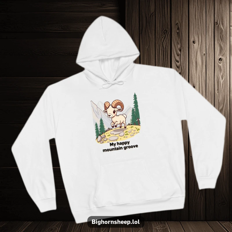 Funny bighorn sheep hoodie, showing the sheep playfully skipping along a mountain path, embodying energy and joy.