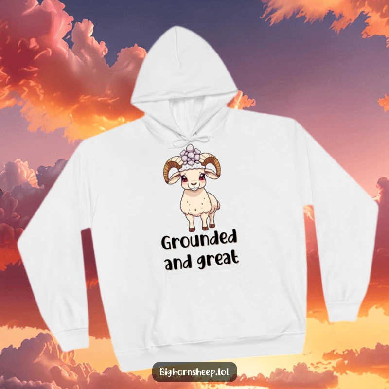 Funny proud bighorn sheep hoodie, standing tall and regal with a pebble crown, cozy and empowering.
