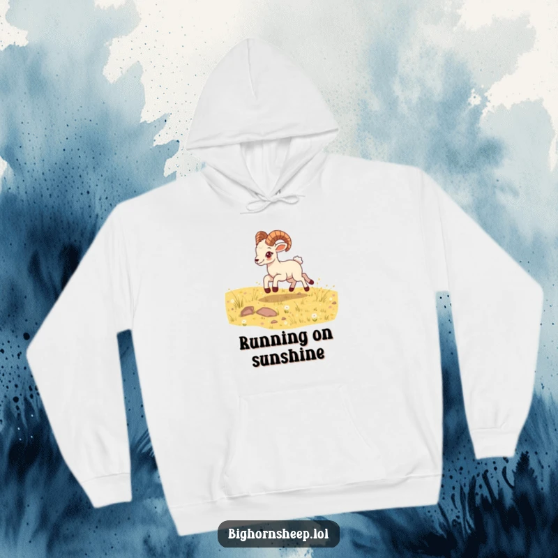 Funny bighorn sheep cub hoodie, bounding energetically across a sunny meadow, a cozy and humorous piece celebrating life.