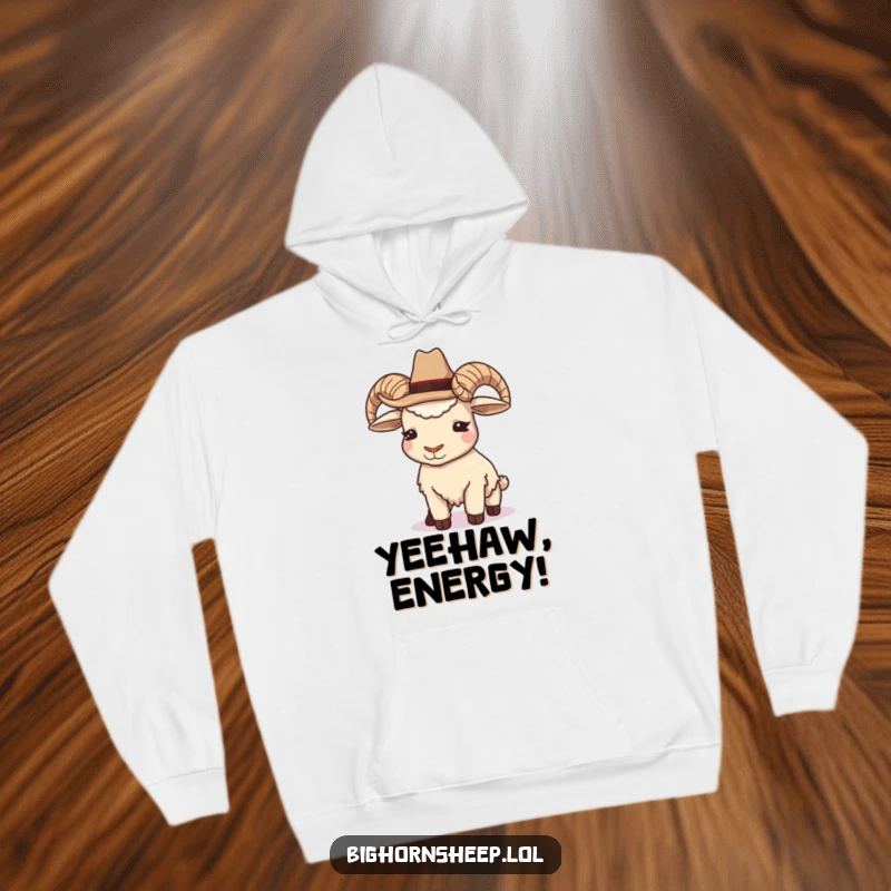 Funny Cowboy Bighorn Sheep Hoodie: A comfortable sweatshirt showcasing a sheep sporting a cowboy hat and a playful wink.