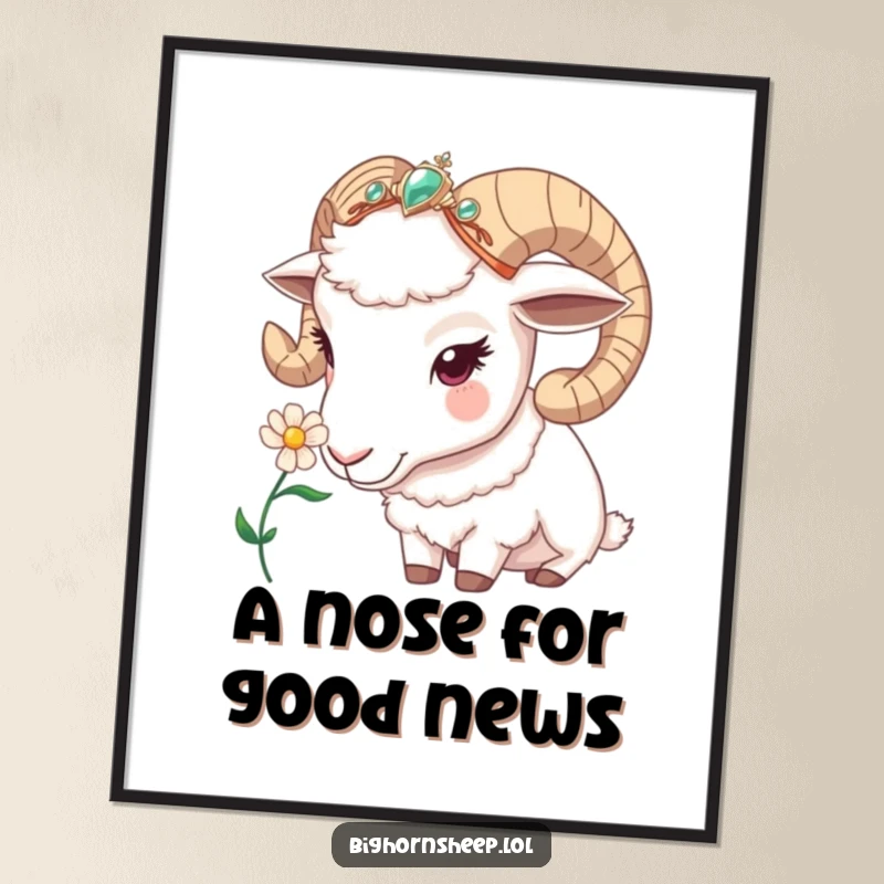 Funny Free Printable Wall Art: Bighorn sheep in jeweled headband curiously sniffing a flower, charming decor.