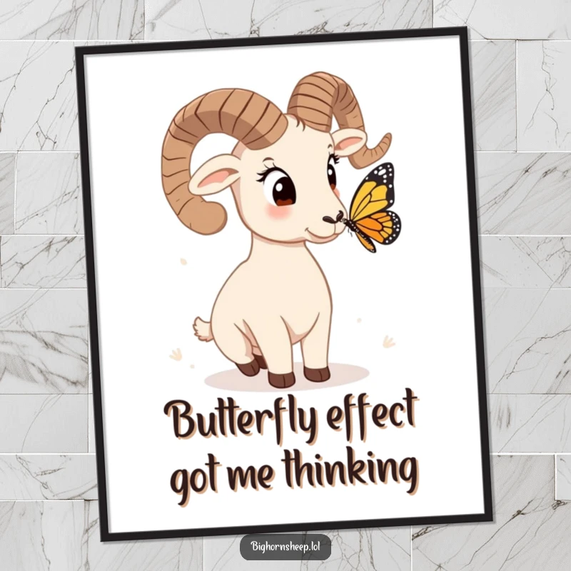 Funny free printable wall art shows a bighorn sheep tilting its head with wonder, captivated by a nearby butterfly.