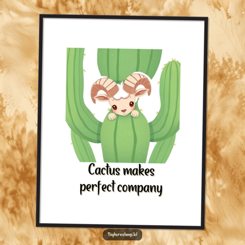 Funny Free Printable Wall Art: Shy Bighorn Sheep hiding comically behind a cactus, bringing desert humor to any room.