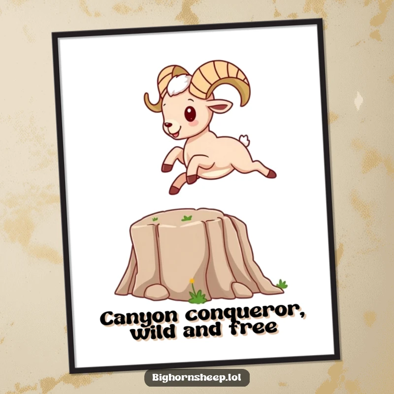 Funny Free Printable Wall Art: An energetic bighorn sheep character dynamically leaping over a small, cartoon canyon.