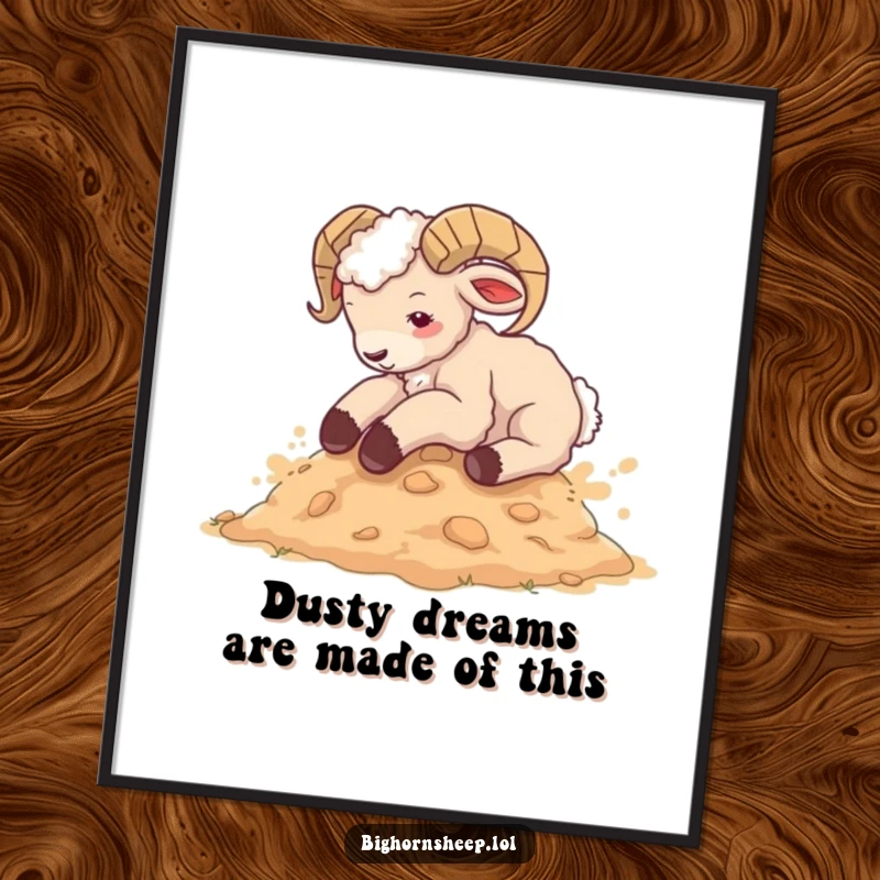 Funny free printable wall art depicts a carefree bighorn sheep cub blissfully rolling in a dusty patch, radiating pure joy.